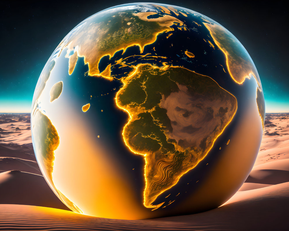 Hyperrealistic glowing Earth globe over Americas on desert landscape at twilight