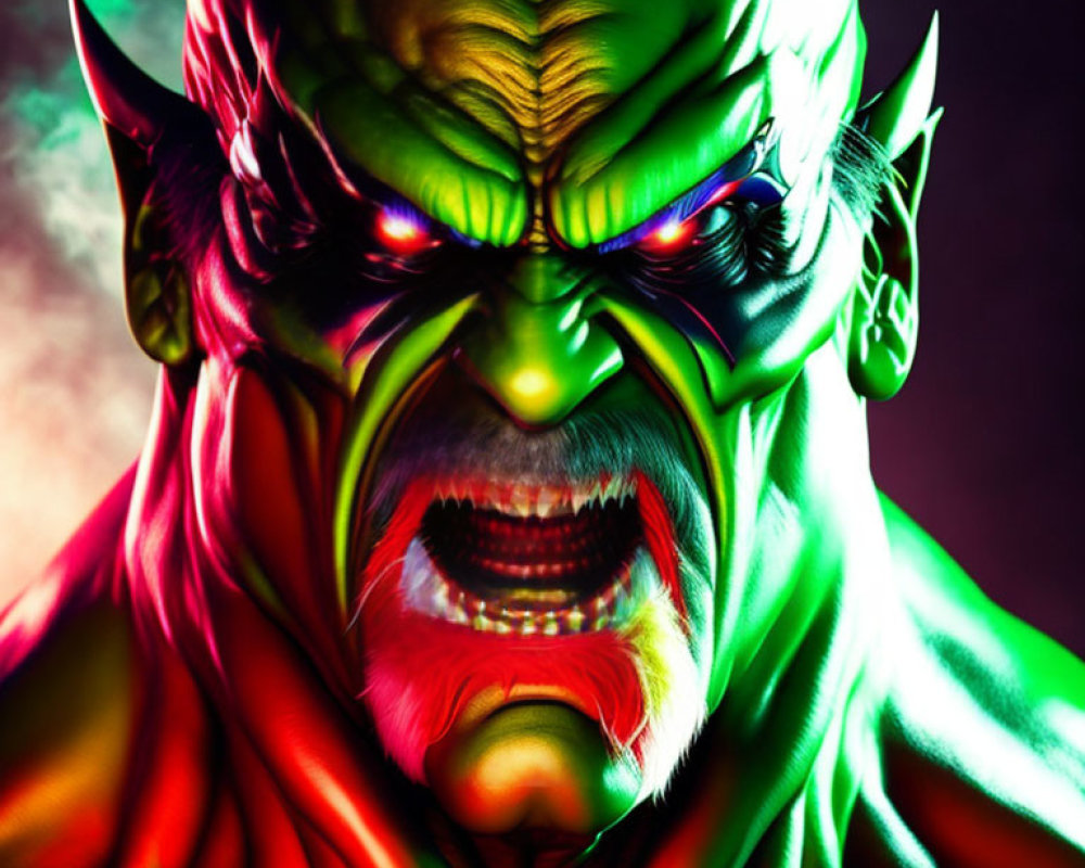 Vivid illustration of demonic figure with glowing eyes and sharp teeth