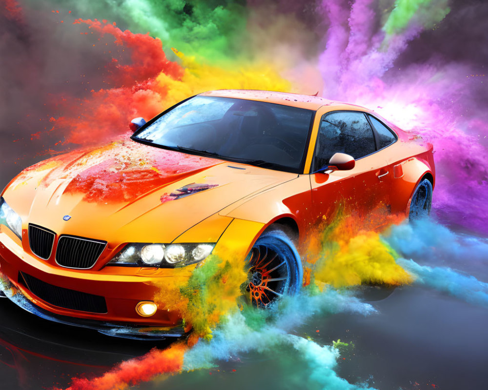 Vibrant orange sports car with colorful paint splashes in background