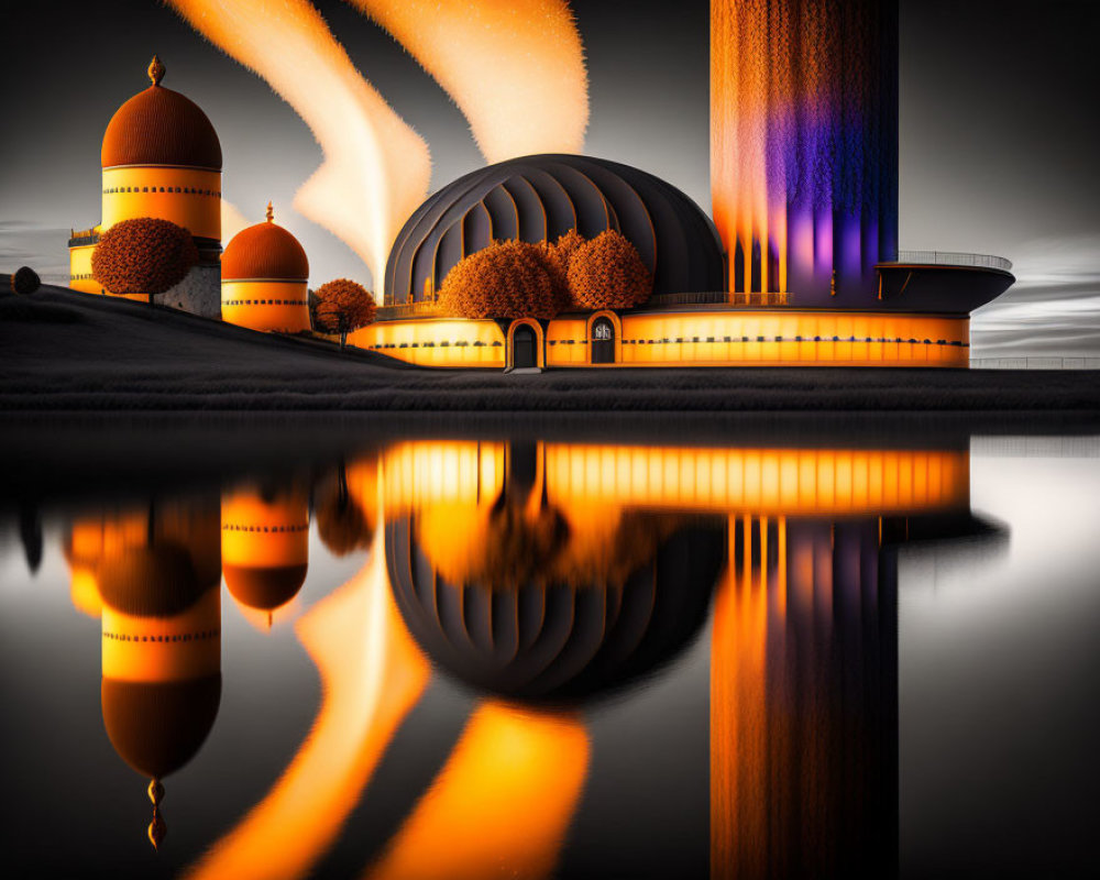 Surreal architectural scene with orange domed structures and neon purple lighting reflected in calm water at twilight