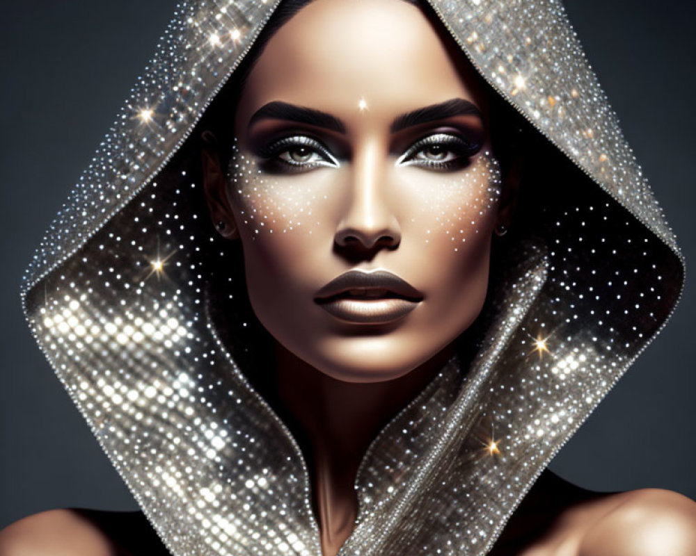 Striking Makeup Woman with Shimmering Hood on Dark Background