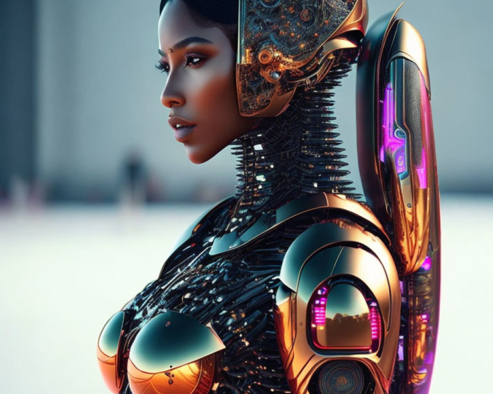 Detailed futuristic female android with human-like face and mechanical parts in soft-focus setting