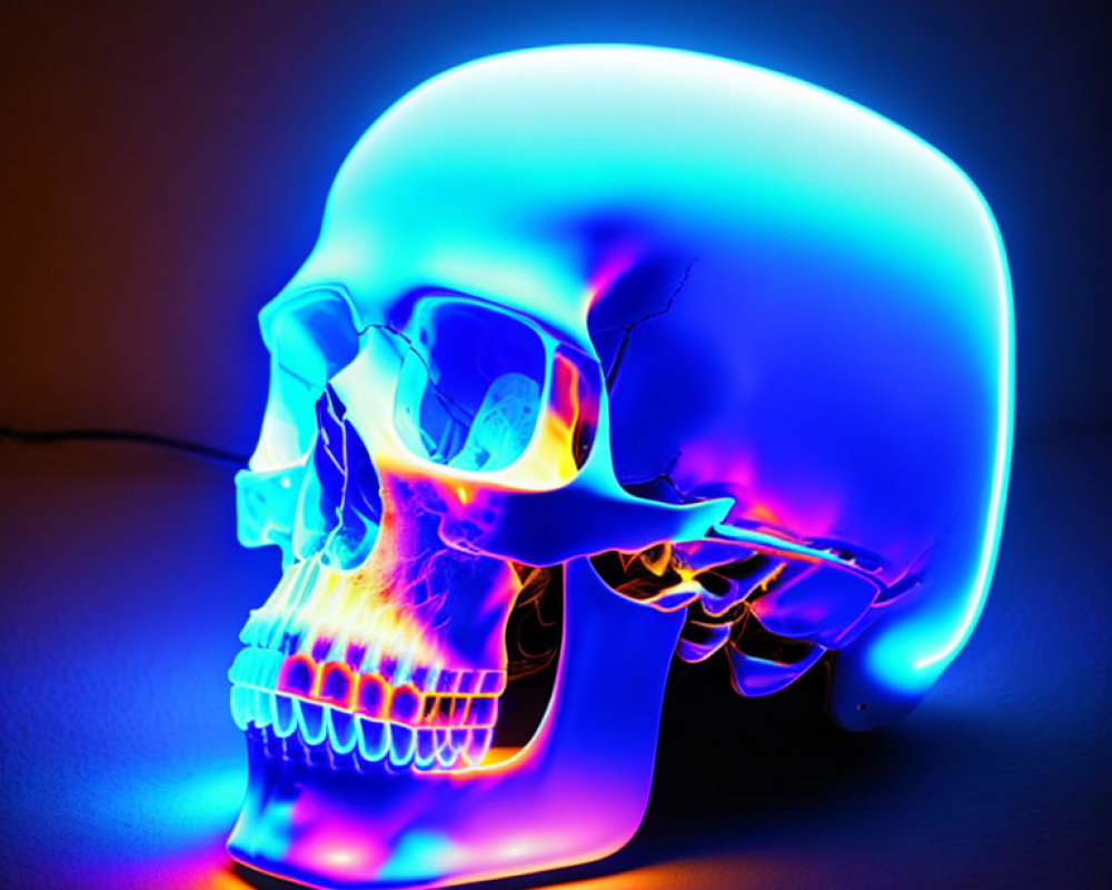 Neon-lit glass skull with blue to purple gradient on dark background