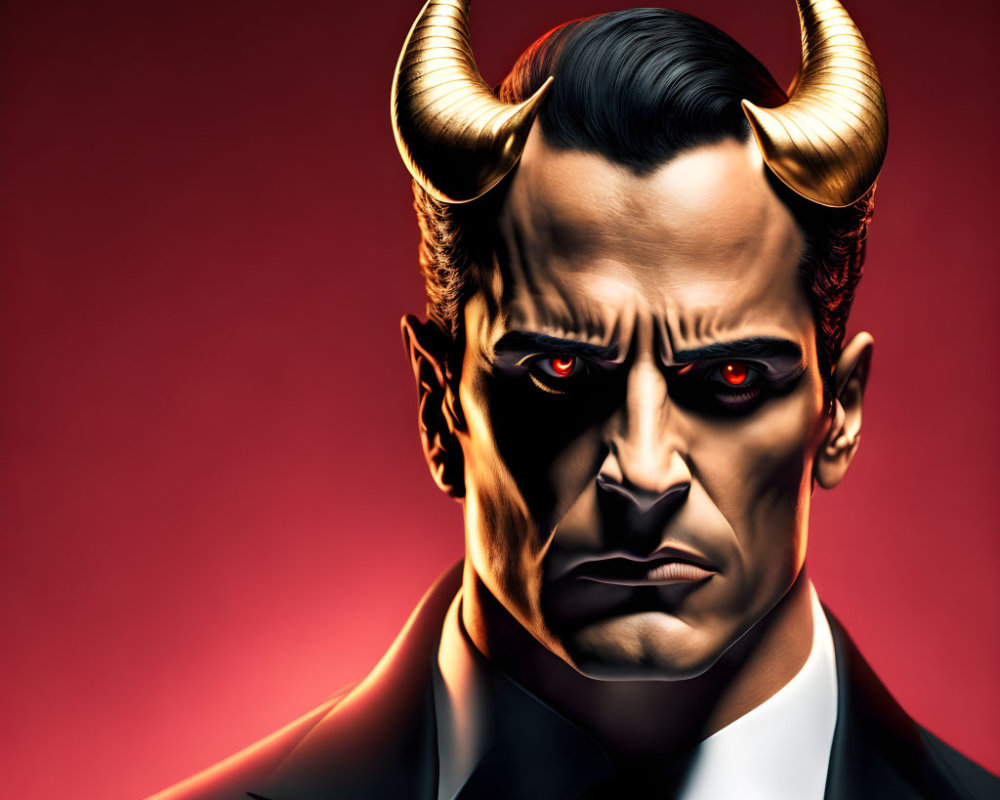 Sinister man with devil horns and red eyes on red background