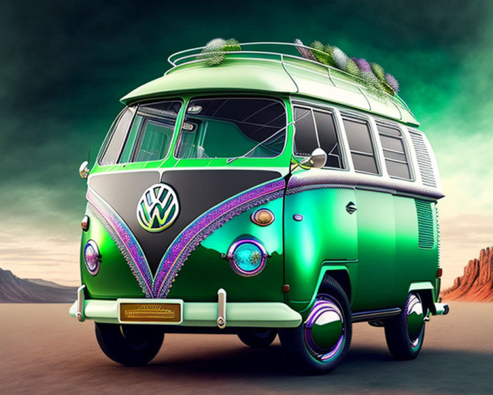 Colorful vintage Volkswagen bus with neon lights in twilight desert.