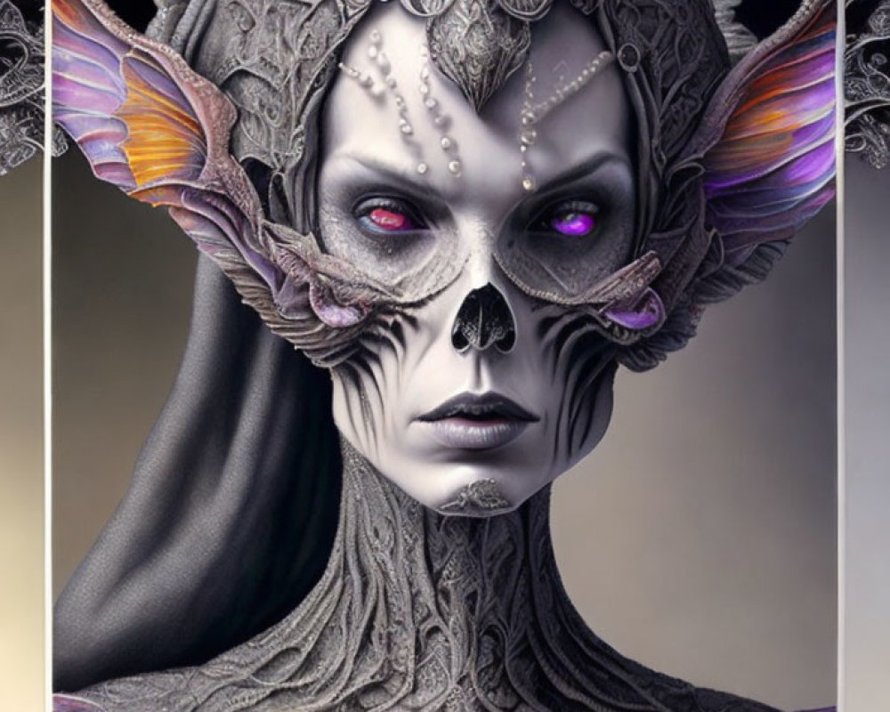 Fantasy-themed artwork of figure with elf-like ears, ornate headdress, skull-like features,