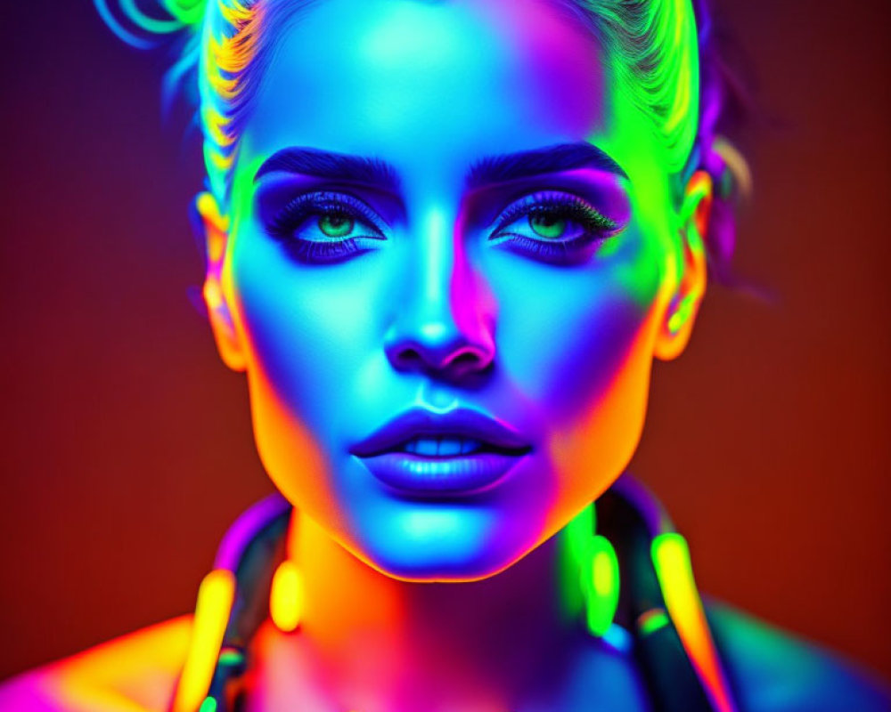 Vibrant neon lights illuminate woman's striking makeup