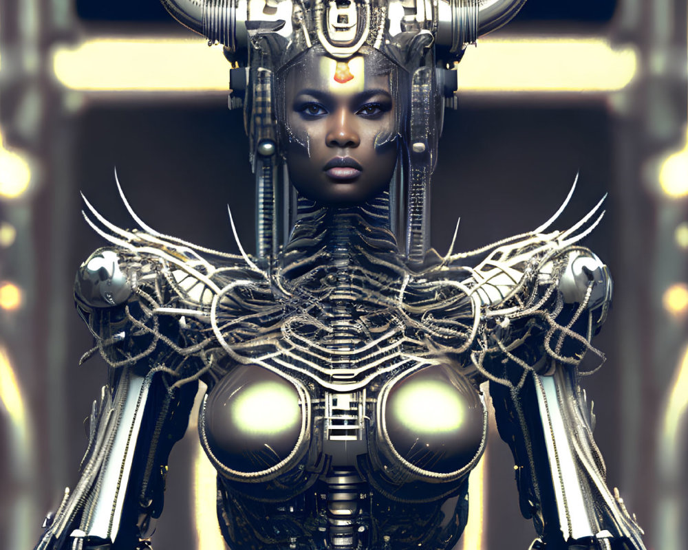 Intricate Metallic Armor on Female Cyborg Standing Against Lighted Panel