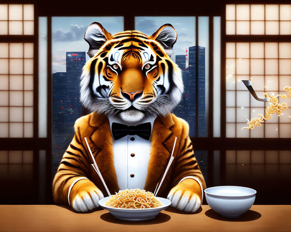 Tiger in Tuxedo Eating Noodles at City Table