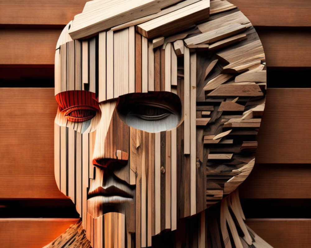 Wooden Sculpture of Human Head with Fragmented Layers and Hollow Eyes