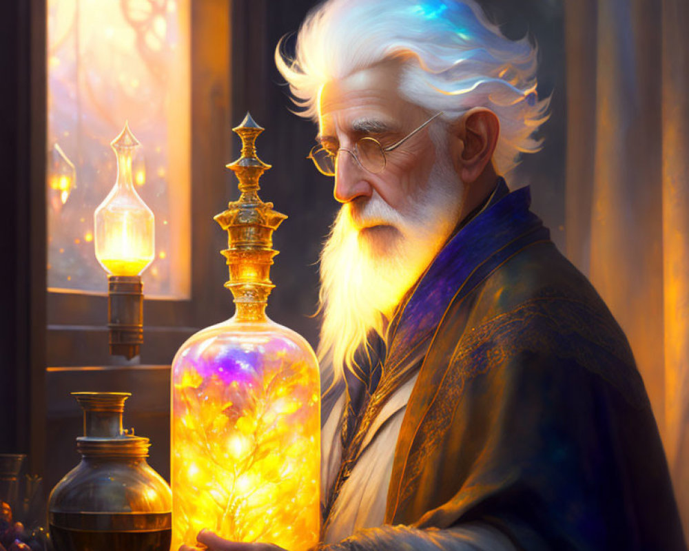 Elderly wizard with glowing bottle and tree by window at dusk