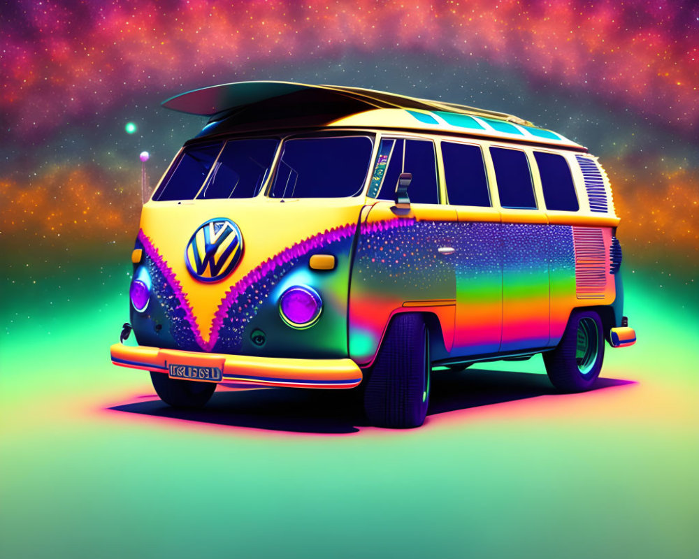 Iridescent Volkswagen bus with psychedelic design under vibrant starry sky