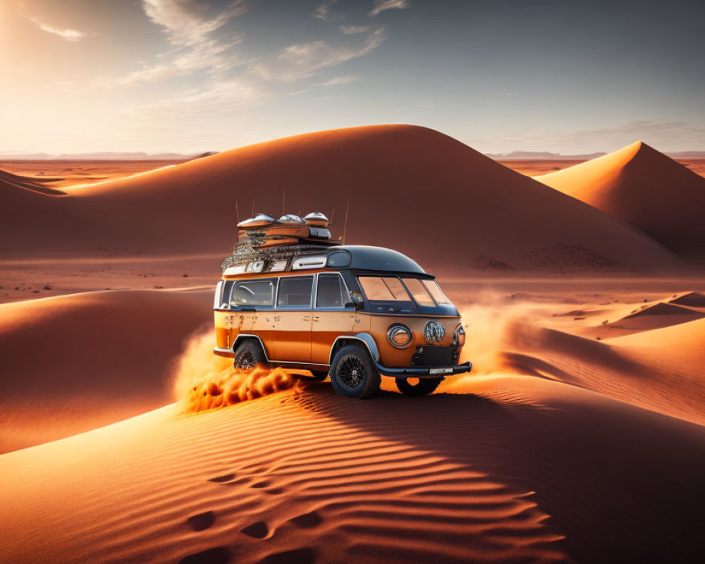 Vintage Van with Surfboards Parked in Desert Dunes at Golden Hour