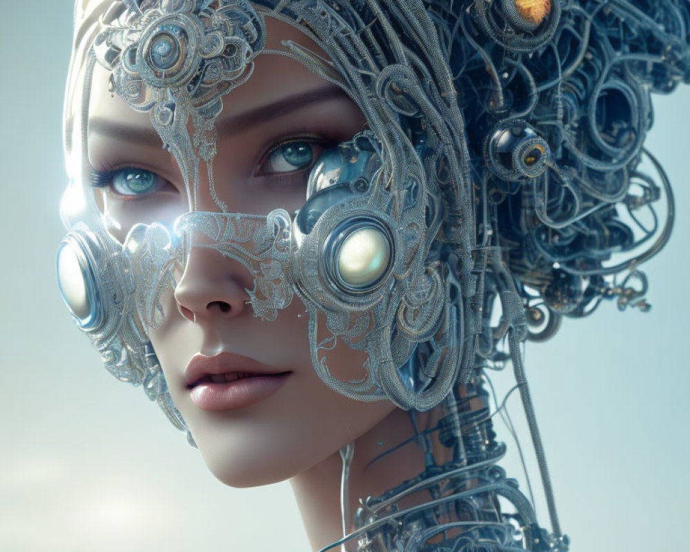 Detailed 3D illustration: Female android with metal headpiece and ornate goggles