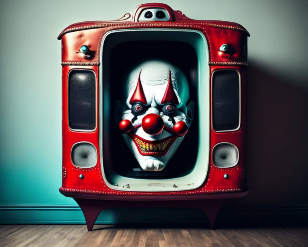 Vintage Red Television Showing Sinister Clown 3D Illustration on Blue Wall