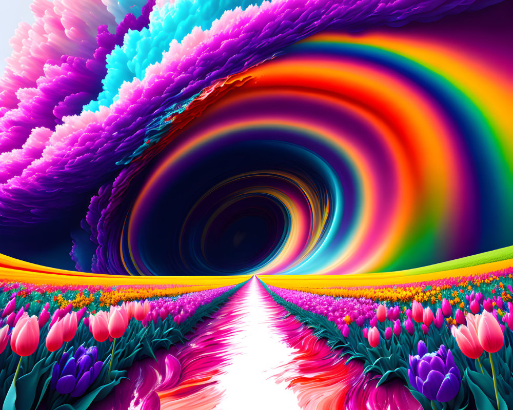 Colorful digital artwork: Rainbow vortex with pink clouds and tulips