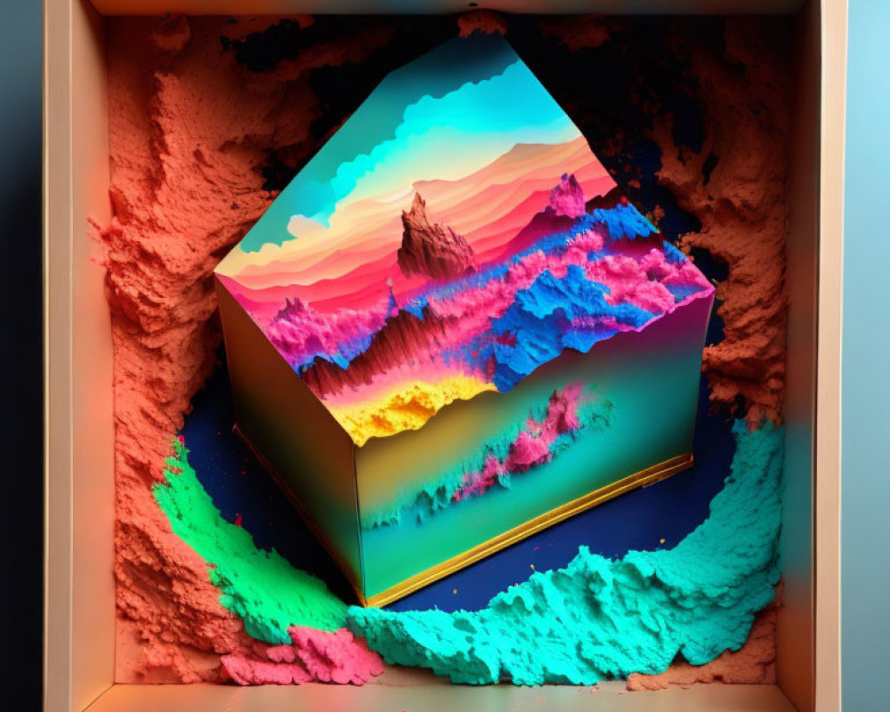 Colorful 3D cube art installation with layered mountain landscape in sand box