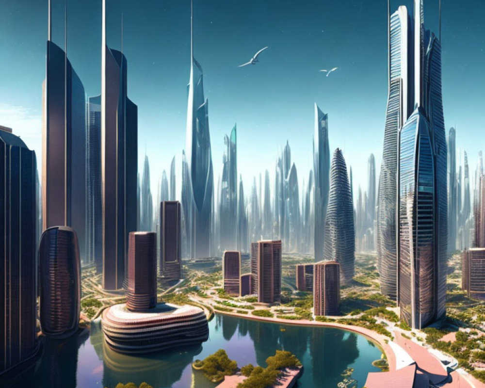 Futuristic cityscape with skyscrapers, waterfront, greenery, and birds