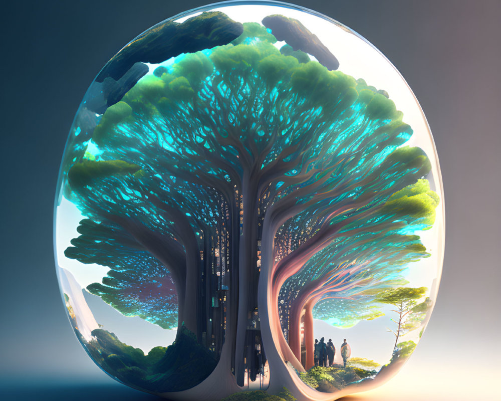 Fantasy spherical ecosystem with massive intricate tree and tiny figures