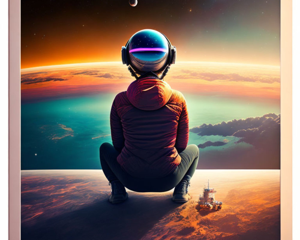 Person in space helmet gazes at sunrise on planet with spacecraft in background