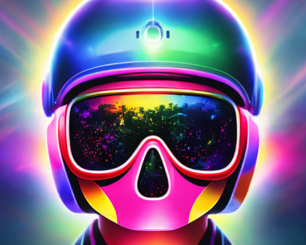 Colorful digital artwork featuring person with reflective helmet and neon glow.