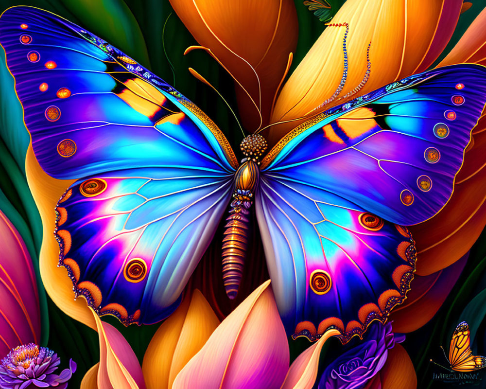 Colorful Butterfly Art with Blue and Purple Wings on Flowers and Foliage