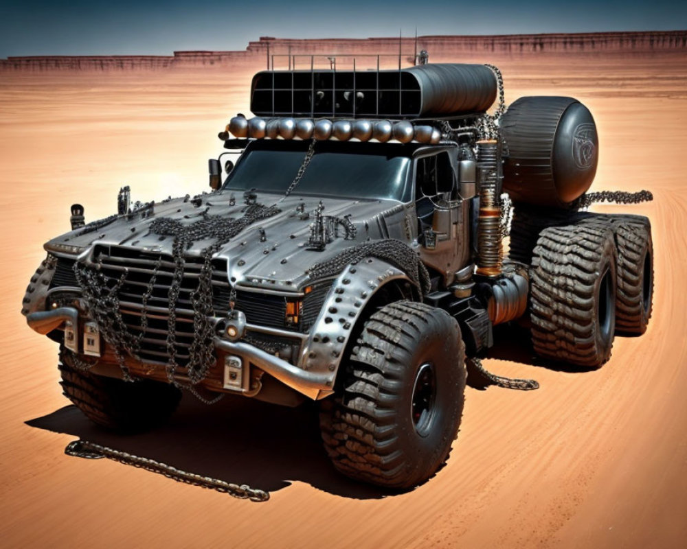 Armored post-apocalyptic vehicle with oversized tires in desert landscape