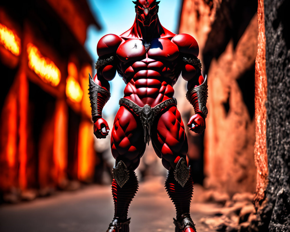 Sinister red demon in spiked armor on narrow street