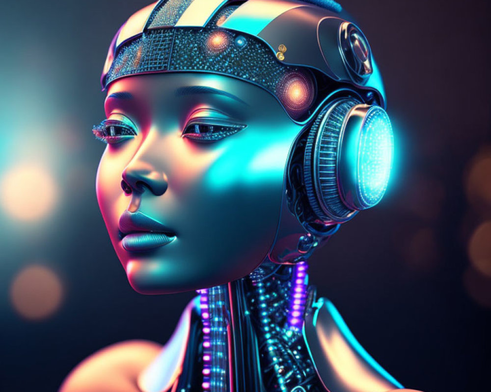 Female robotic head in headset under neon lights