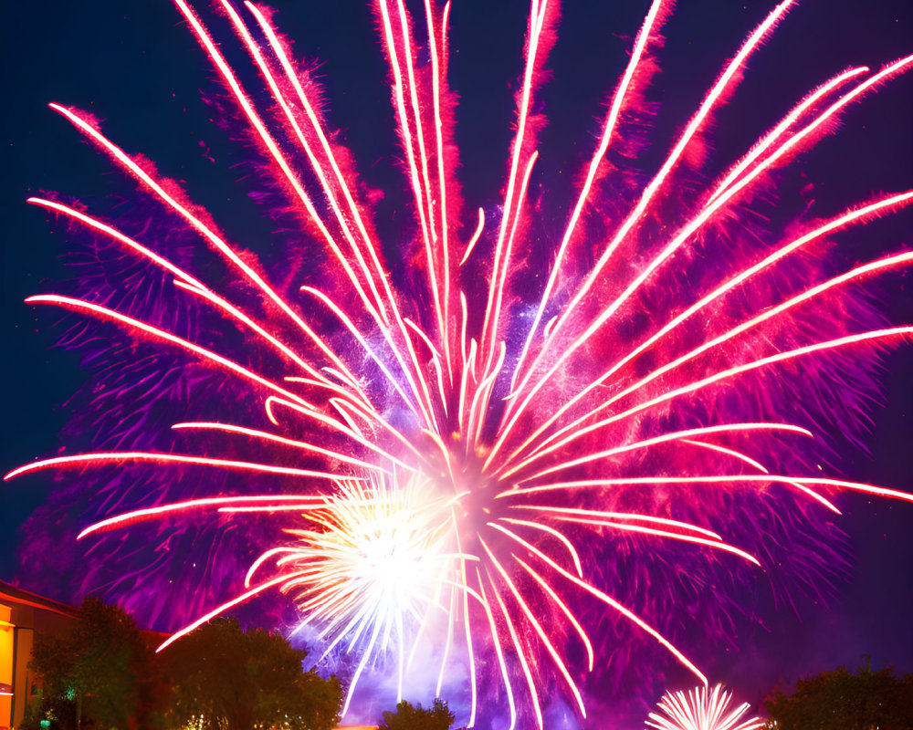 Colorful pink and white fireworks illuminate city skyline at night