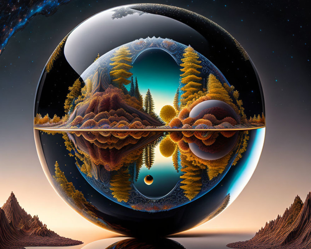 Surreal landscape with floating spherical object and autumn forests against starry sky