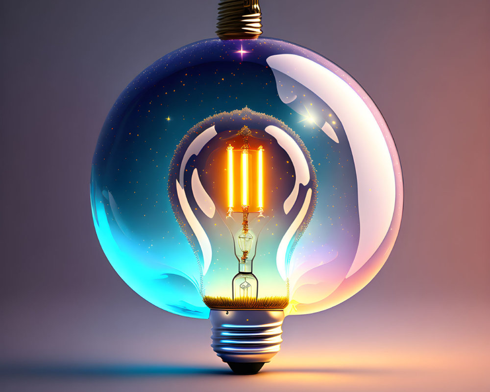 Surreal lightbulb with cosmic scene and nebula inside