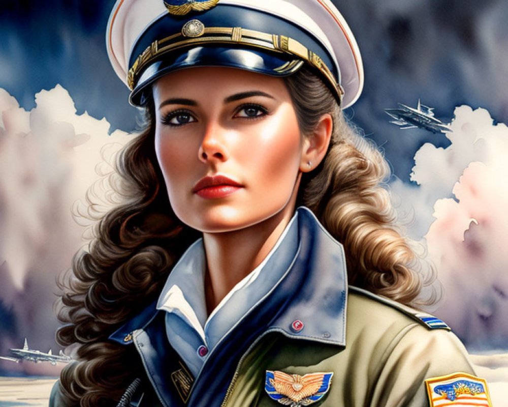 Illustration of woman in military uniform with badges, fighter jets in background