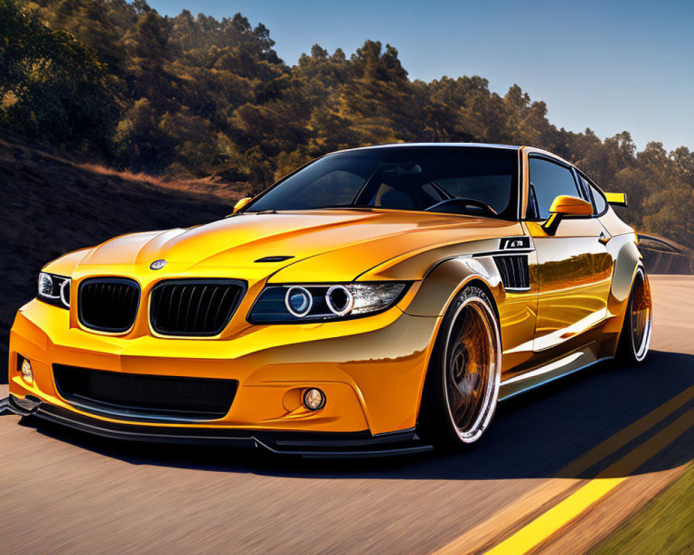 Sleek yellow sports car with custom modifications on sunny road