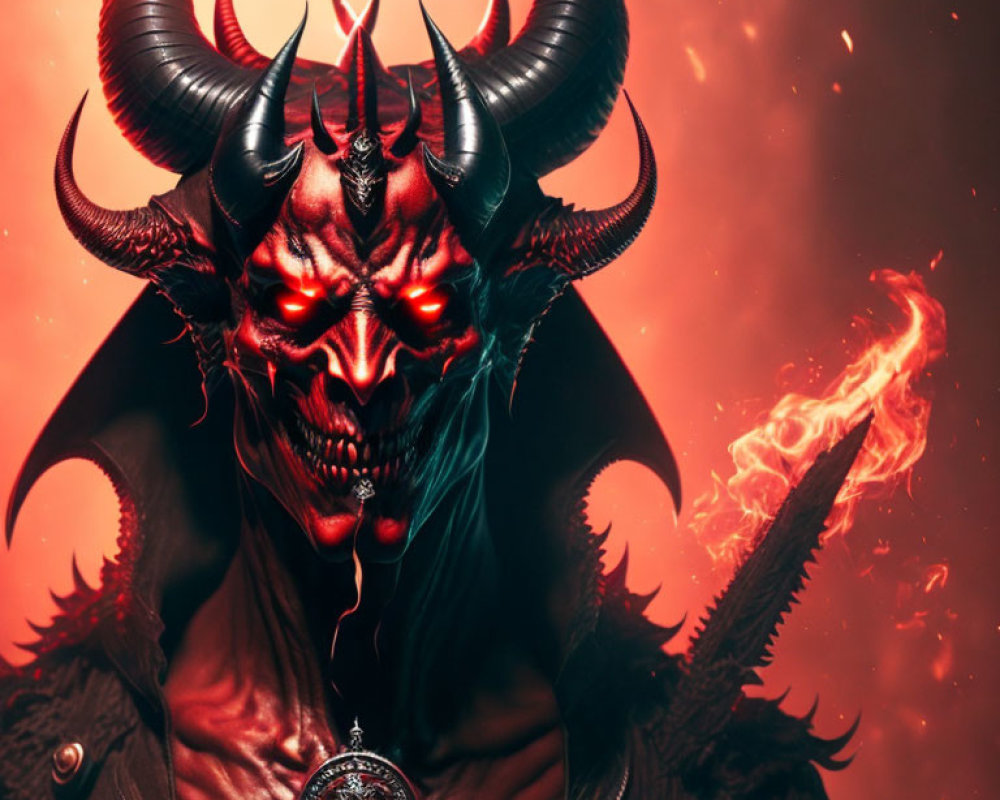 Sinister demon with glowing eyes and sharp horns holding a flame against fiery backdrop