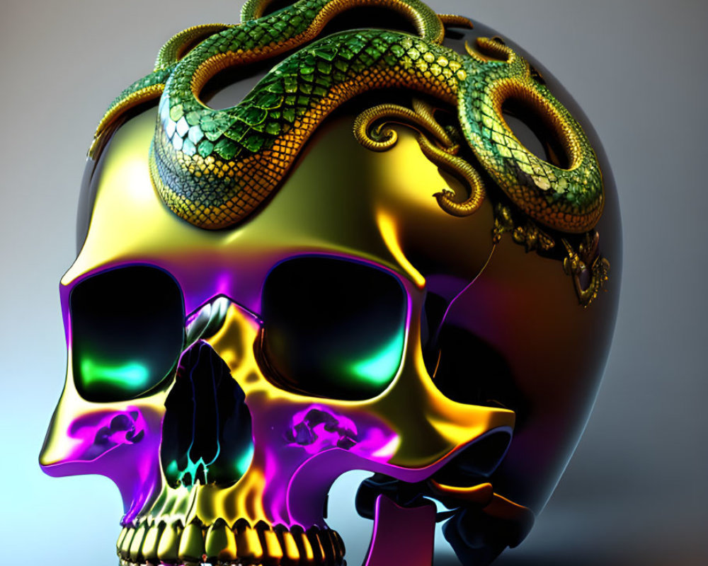 Colorful Metallic Skull with Green Snake on Gradient Background