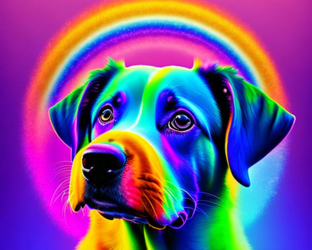 Colorful Dog Portrait with Neon Rainbow Halo on Gradient Background