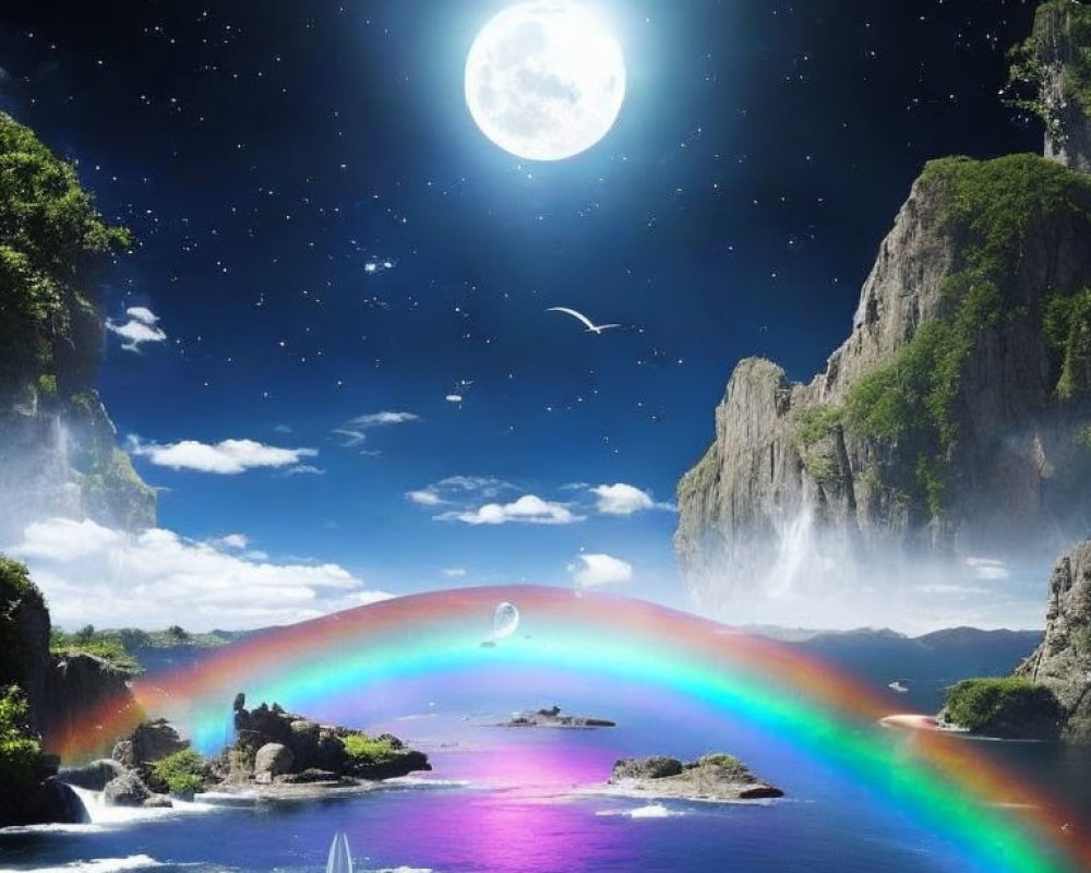 Vibrant rainbow over surreal landscape with moon and bird