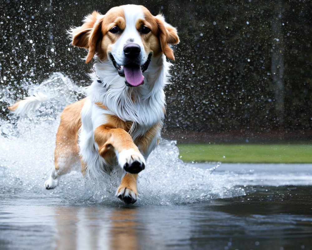 Brown and white dog splashing in water with tongue out