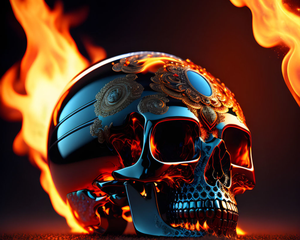 Detailed Metallic Skull with Flame Background and Reflections