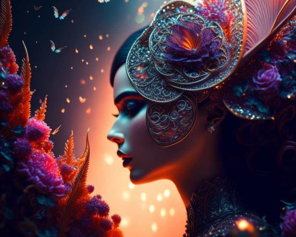 Elaborately adorned woman with butterflies and glowing flora on dark backdrop