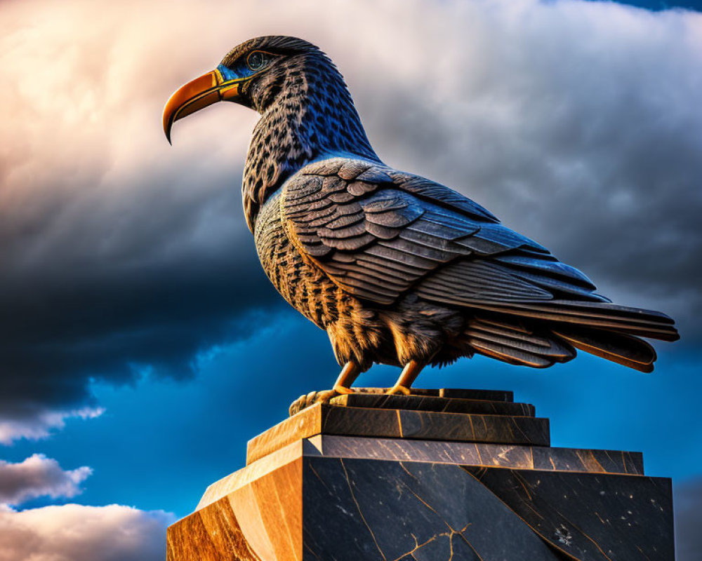 Majestic bird with intricate feathers on stone structure under dramatic sky