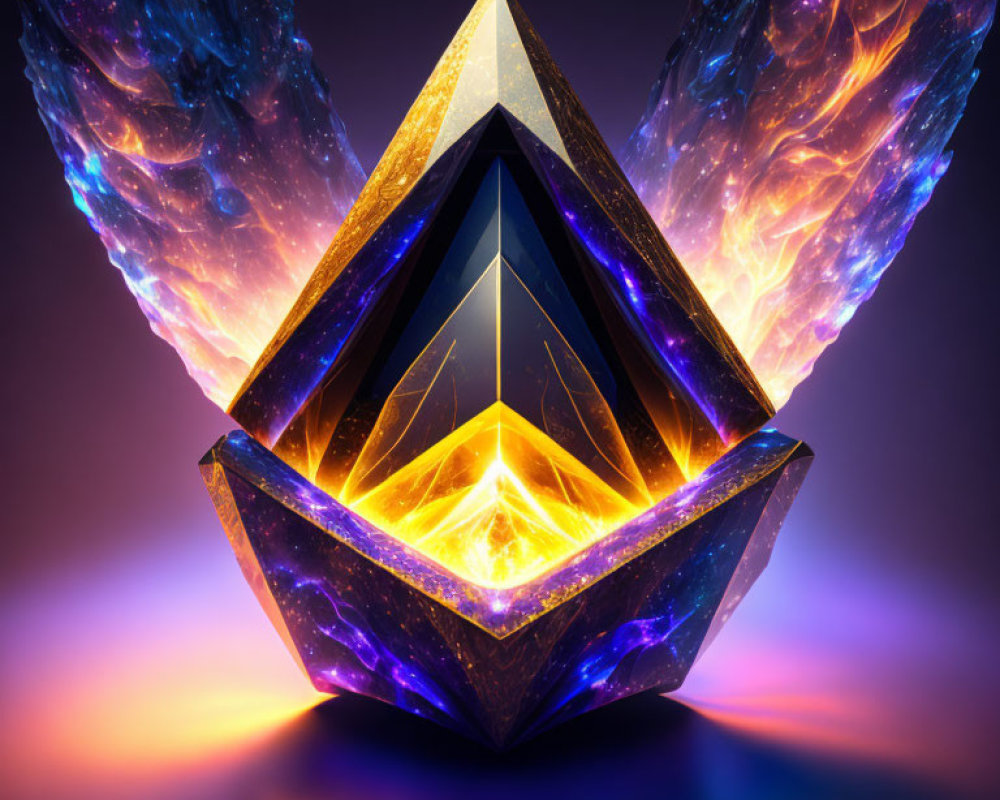 Colorful geometric crystal core surrounded by nebula-infused shards on gradient backdrop