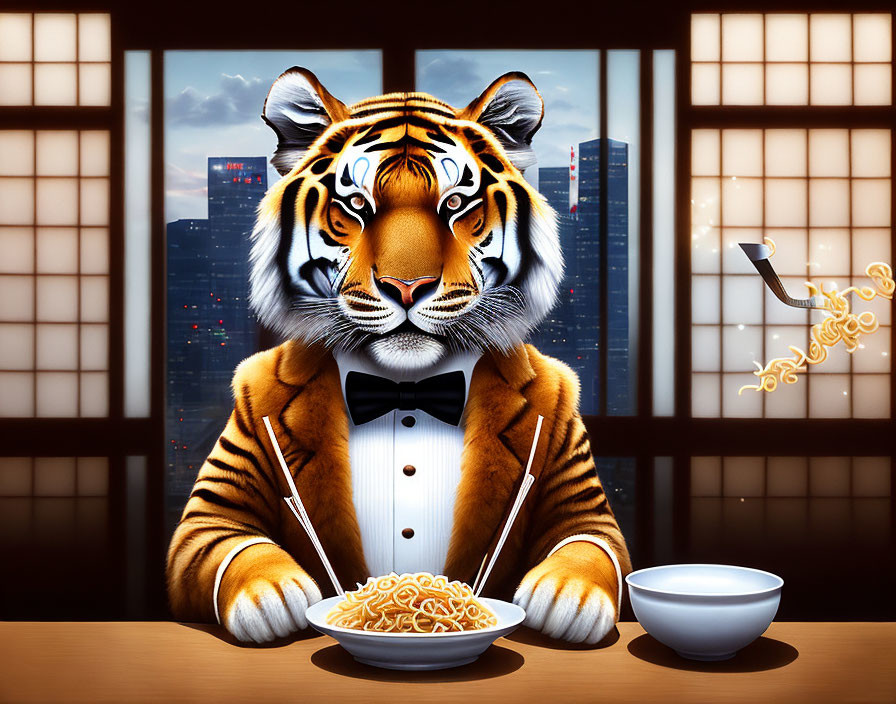 Tiger in Tuxedo Eating Noodles at City Table