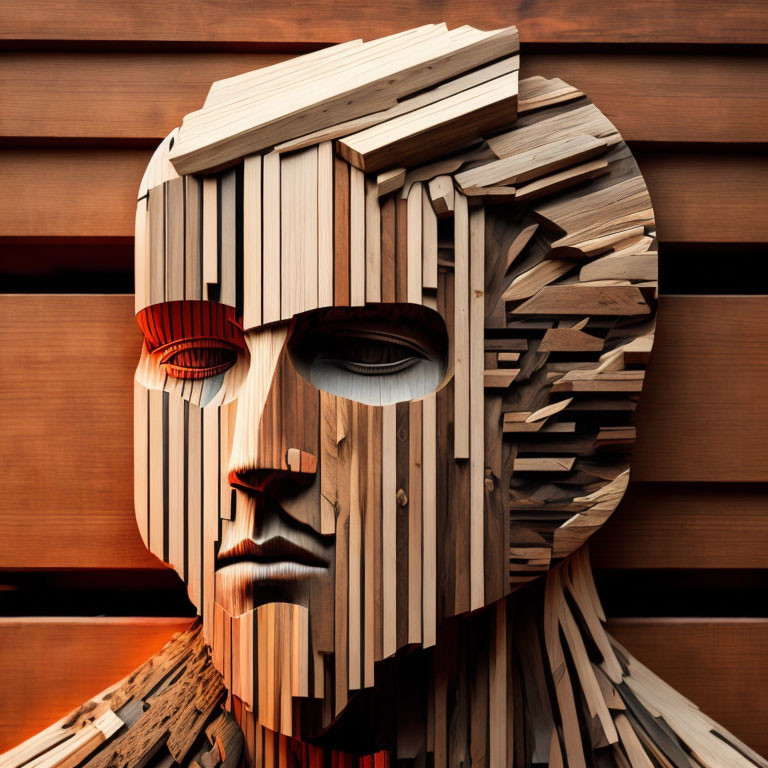 Wooden Sculpture of Human Head with Fragmented Layers and Hollow Eyes