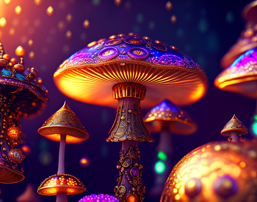 Bioluminescent mushrooms with intricate patterns on dark, sparkling background