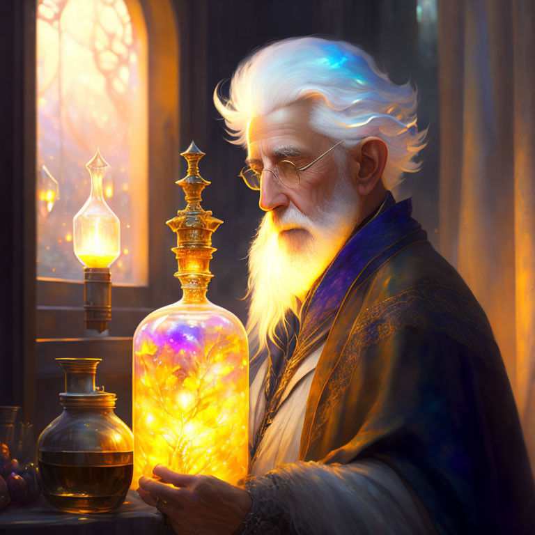 Elderly wizard with glowing bottle and tree by window at dusk