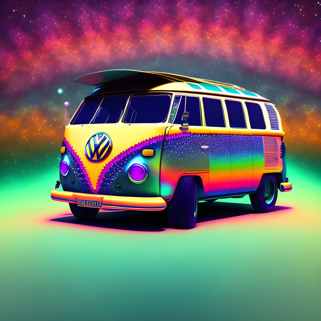 Iridescent Volkswagen bus with psychedelic design under vibrant starry sky