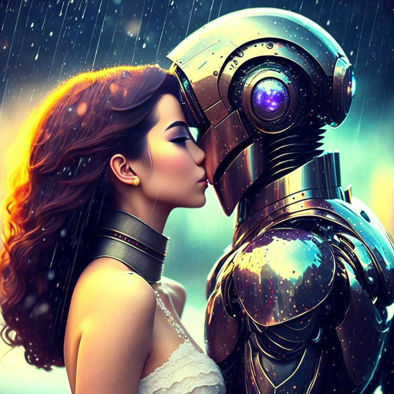 Woman and robot share tender kiss in rain shower