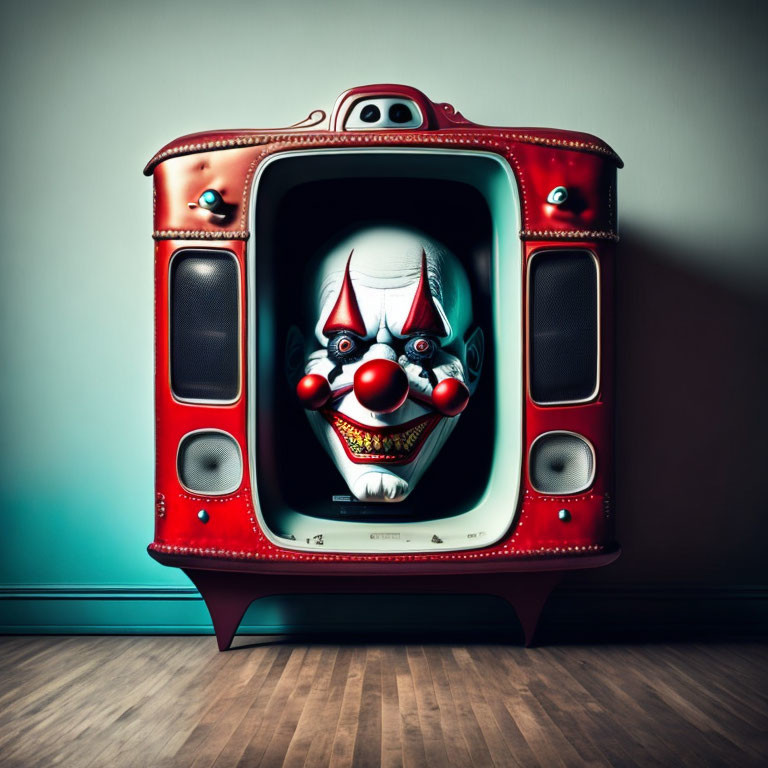 Vintage Red Television Showing Sinister Clown 3D Illustration on Blue Wall